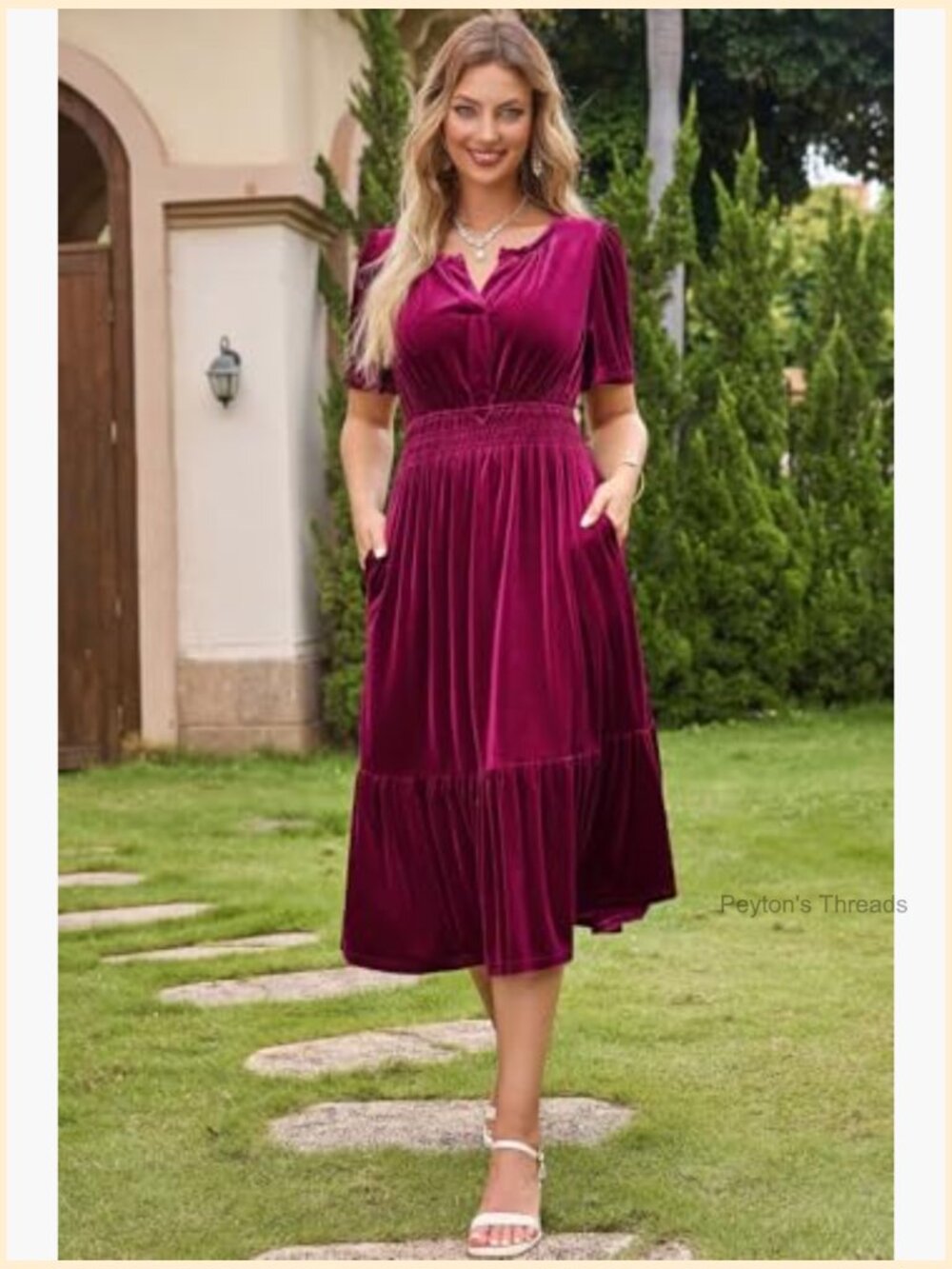 Velvet V-Neck Short Flared Sleeve Wedding Guest Dress with Pockets - Picture 2 of 6